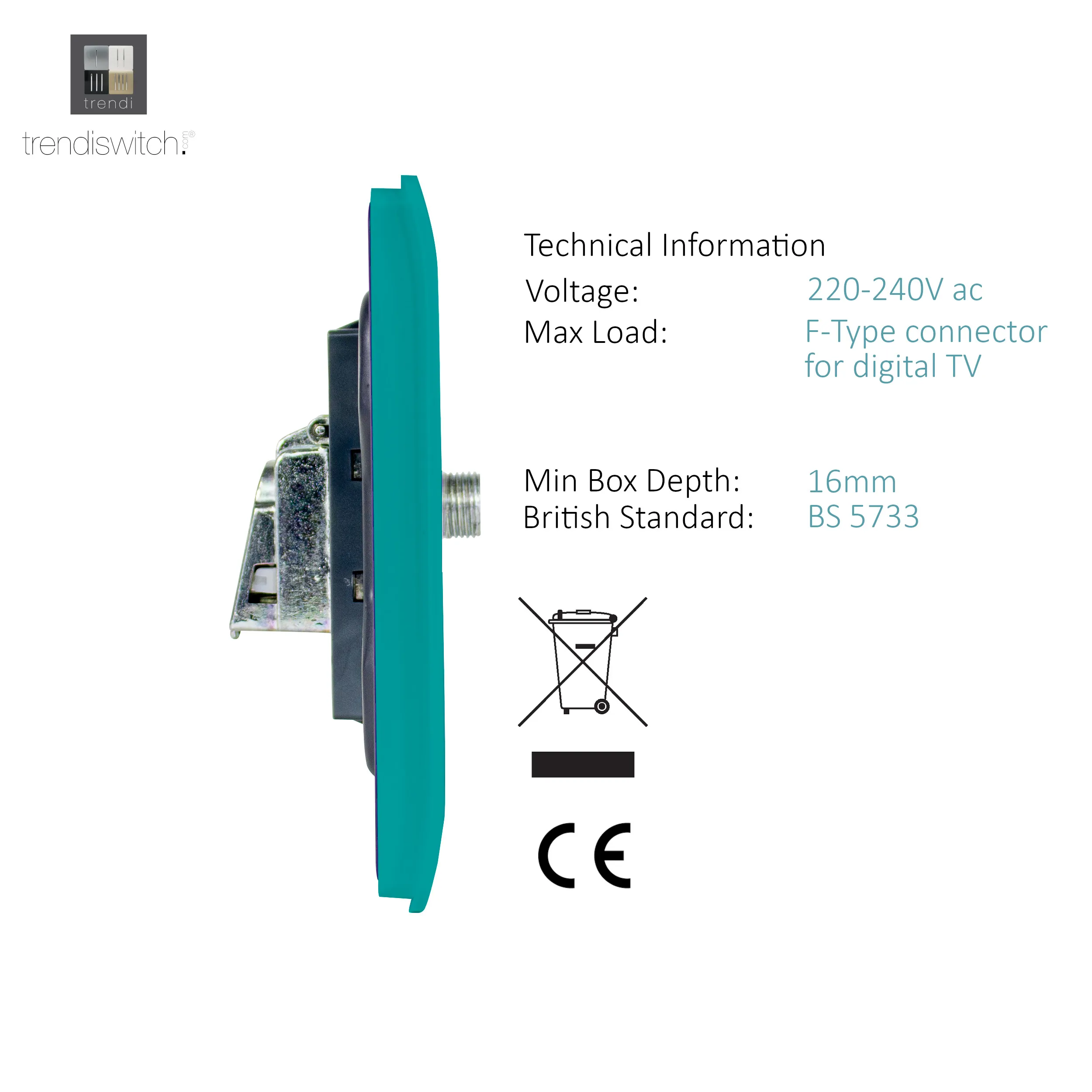 2 Gang F-Type Satellite Televison Socket Bright Teal ART-2SATBT  Trendi Bright Teal